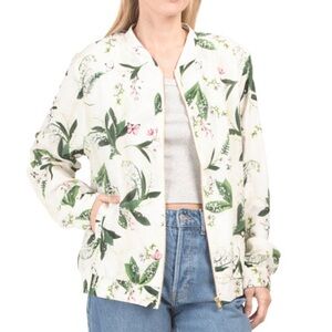 AQUA BLU COTTON SILK FLORAL CHASE BOMBER JACKET WHIMSICAL HOLIDAY Green Pink S